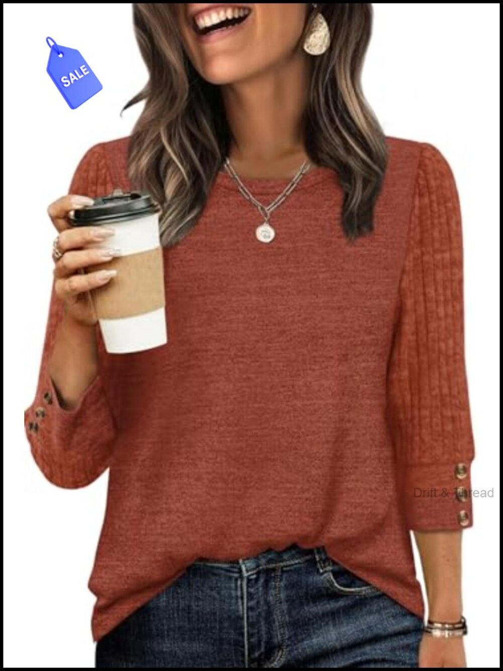 3/4 Length Sleeve Button Trim Tunic Sweater Lightweight Womens Top